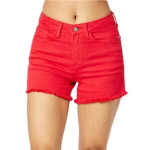 Women's Size 1X Judy Blue Mid Rise Garment Dyed Red Fray Hem Denim Short